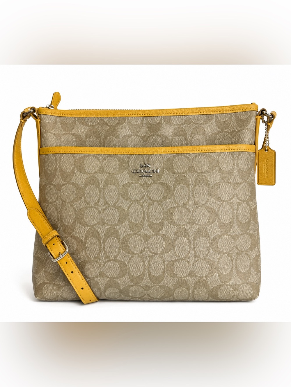 Coach Signature File Crossbody Bag Khaki Canvas Yellow Trim Adjustable Strap